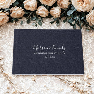 Elegant Midnight Blue Faux Leather Look Wedding Guest Book