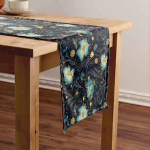 Elegant Midnight Blue & Gold Floral Christmas Short Table Runner