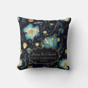 Elegant Midnight Blue & Gold Floral Personalised Cushion