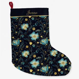 Elegant Midnight Blue & Gold Floral Personalised Large Christmas Stocking