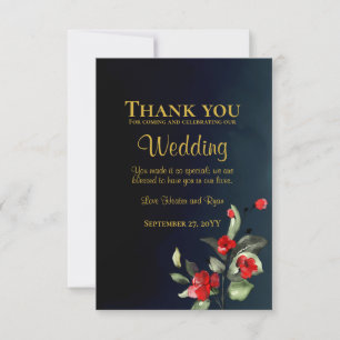 Elegant Midnight Blue Gold Red Floral Wedding Thank You Card