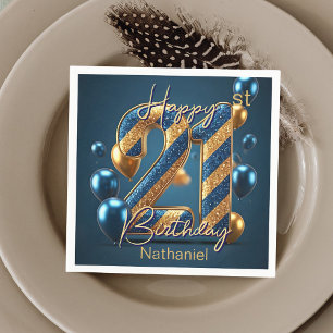 Elegant Midnight Blue & Gold Striped 21st Birthday Napkin