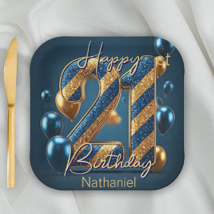 Elegant Midnight Blue & Gold Striped 21st Birthday Paper Plate