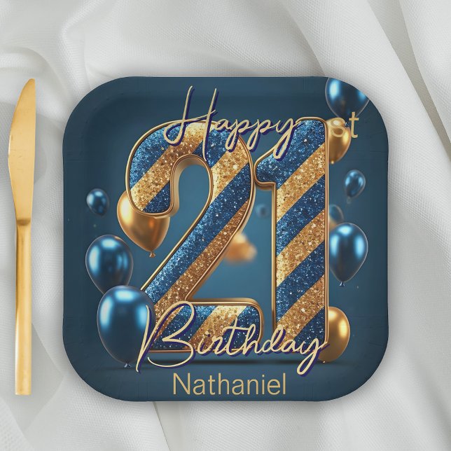 Elegant Midnight Blue & Gold Striped 21st Birthday Paper Plate (Creator Uploaded)