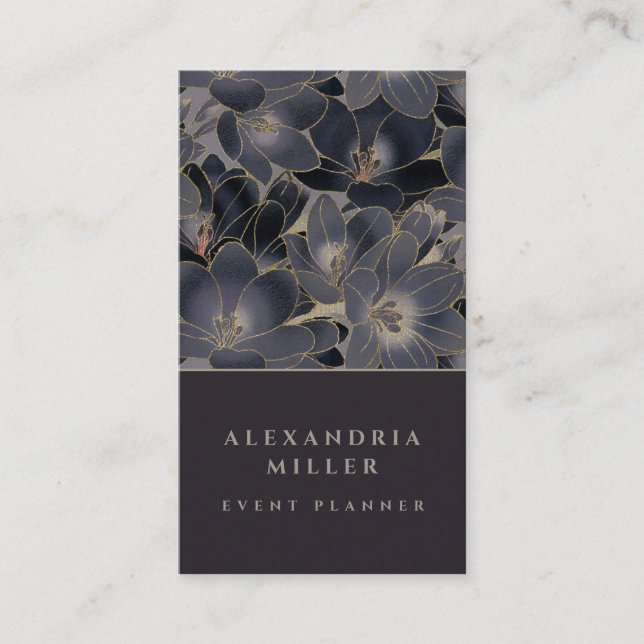 Elegant Midnight Blue & Grey Floral Vertical Business Card (Front)