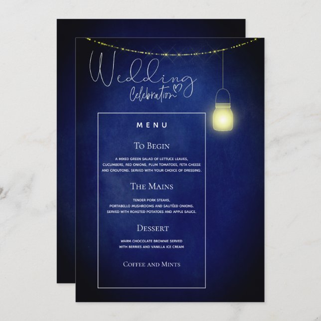 Elegant Midnight Blue Mason Jar Wedding Menu Card (Front/Back)