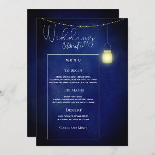 Elegant Midnight Blue Mason Jar Wedding Menu Card