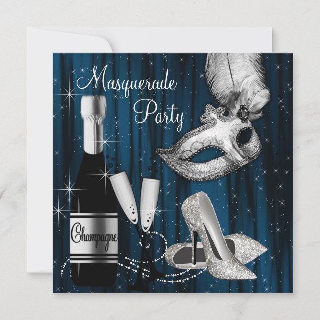 Elegant Midnight Blue Masquerade Party Invitation (Front)