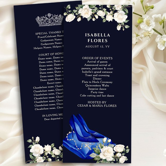Elegant Midnight Blue Quinceanera Tiara and Roses Program (Mis Quince Program from the Princess Dress and Roses Quinceanera collection by Darling & May)