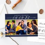 Elegant Midnight Blue Wedding Photo Collage Save The Date<br><div class="desc">These modern and stylish wedding save the date announcement cards include three 2 x 3" engagement photos with the date featured in elegant script writing. Personalise the card template wording on the front and back of the card for your big day. The dark navy / midnight blue background and text...</div>