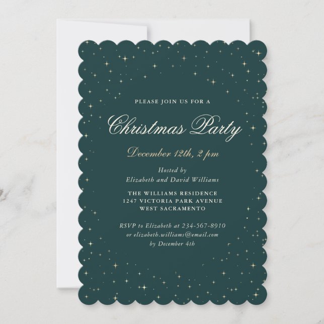 Elegant Midnight Green Starry Christmas Party Invitation (Front)