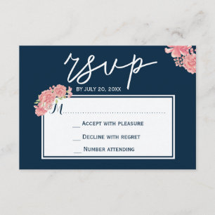 Elegant midnight navy pink peonies wedding RSVP Card