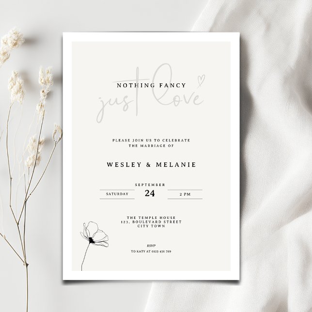 Elegant Mimimal Flower Nothing Fancy Wedding Invitation (Nothing fancy just love minimalist wedding invitation with line art flower)