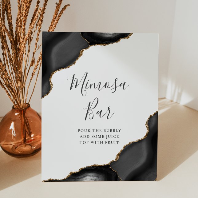 Elegant Mimosa Bar Black Gold Agate Bridal Shower Pedestal Sign (Creator Uploaded)