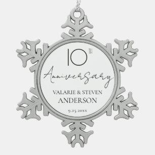 Elegant Minimal 10th Anniversary Wedding Ceramic Snowflake Pewter Christmas Ornament