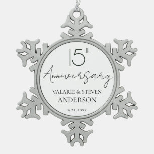 Elegant Minimal 15th Anniversary Wedding  Ceramic Snowflake Pewter Christmas Ornament