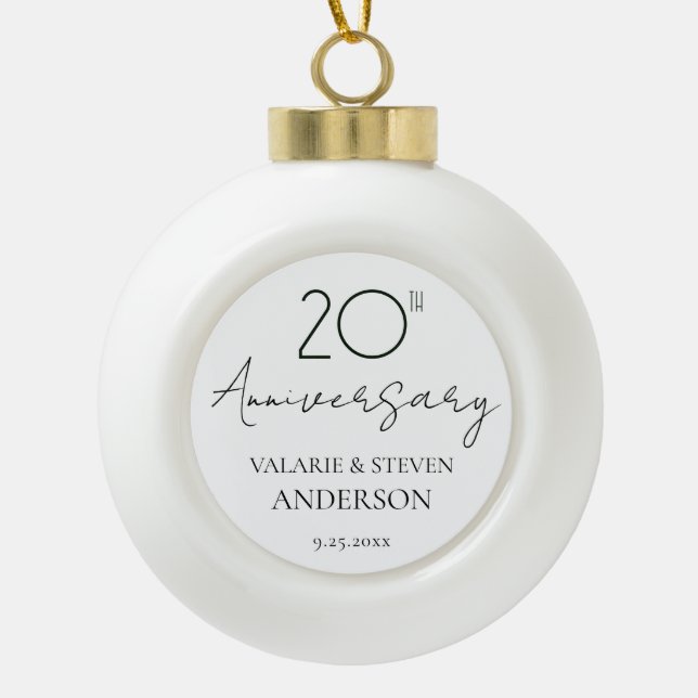 Elegant Minimal 20th Anniversary Wedding  Ceramic Ball Christmas Ornament (Front)