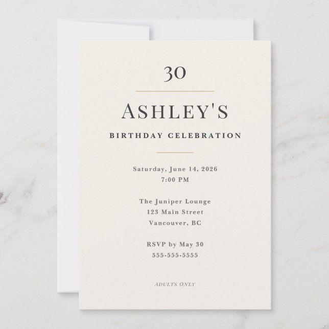 Elegant Minimal 30th Birthday Celebration Invitation (Front)