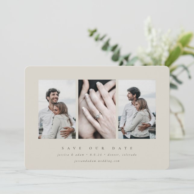 Elegant Minimal 3 Photo Save The Date (Standing Front)