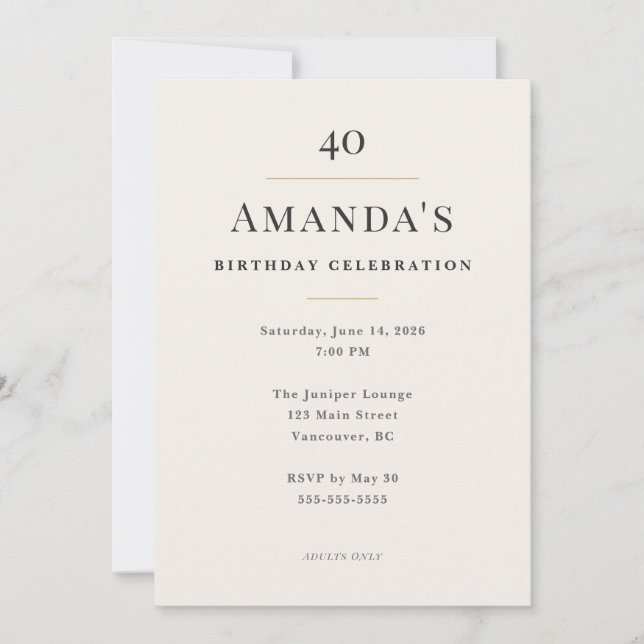 Elegant Minimal 40th Birthday Celebration Invitation (Front)