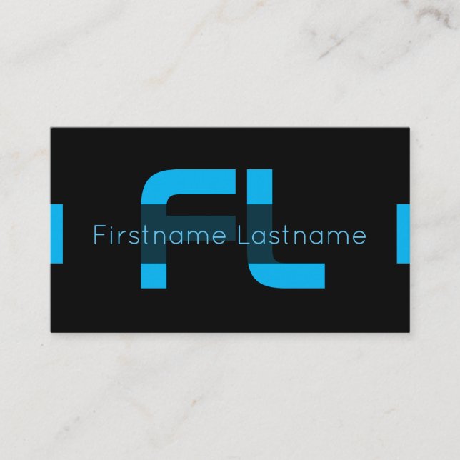 Elegant minimal black and indigo blue monogram business card (Front)