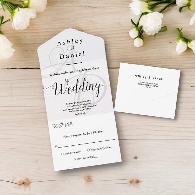 Elegant Minimal Black And White Monogram Wedding All In One Invitation (Creator Uploaded)