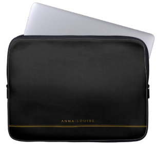 Elegant Minimal Black Gold Line Name Laptop Sleeve