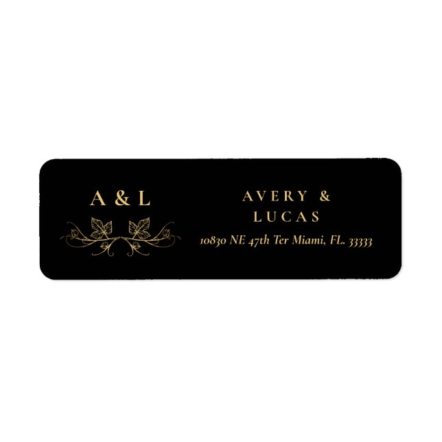 Elegant Minimal Black Gold Monogram Wedding Return Address Label (Front)