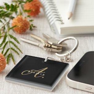 Elegant Minimal Black Gold Script Monogram Key Ring