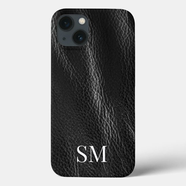 Elegant Minimal Black Leather Monogram Initials Case-Mate iPhone Case (Back)