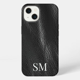 Elegant Minimal Black Leather Monogram Initials iPhone 13 Case