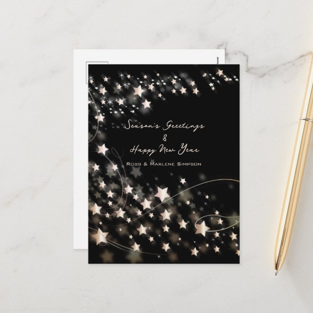 Elegant Minimal Black Stars Seasons & New Years  Holiday Postcard (Front/Back In Situ)