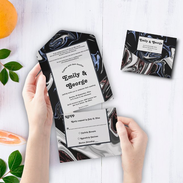 Elegant Minimal Black White Blue Abstract Wedding All In One Invitation (Creator Uploaded)