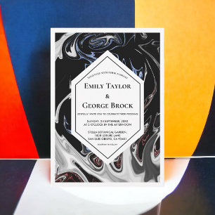 Elegant Minimal Black White Blue Abstract Wedding Invitation