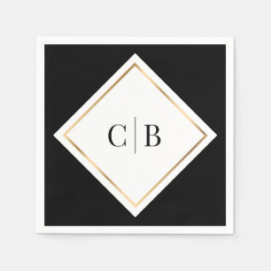 Elegant Minimal Black White Gold Monogram Wedding Napkin