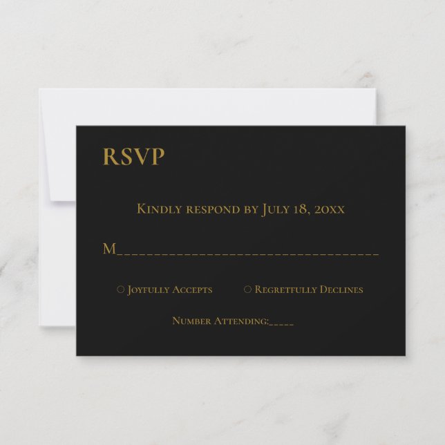 Elegant Minimal Black White Gold Monogram Wedding RSVP Card (Front)