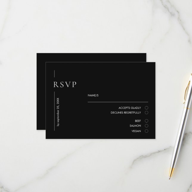 Elegant Minimal Black & White Wedding RSVP Card (Front/Back In Situ)