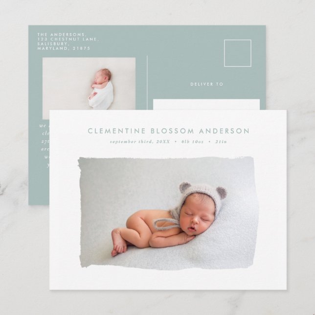 Elegant minimal blue birth announcement photo postcard (Front/Back)