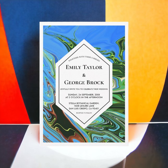 Elegant Minimal Blue Green Abstract Paint Wedding Invitation (Creator Uploaded)