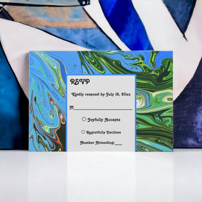 Elegant Minimal Blue Green Abstract Paint Wedding RSVP Card (Creator Uploaded)