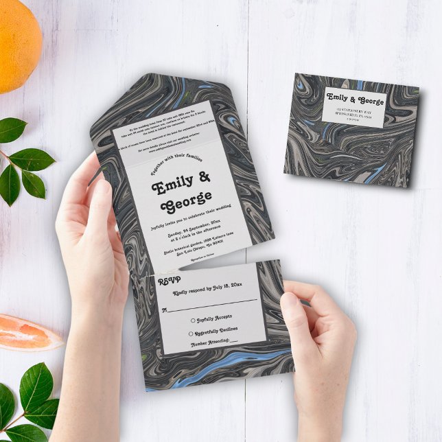 Elegant Minimal Blue Grey Waves Abstract Wedding All In One Invitation (Creator Uploaded)