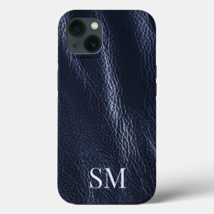 Elegant Minimal Blue Leather Monogram Initials iPhone 13 Case