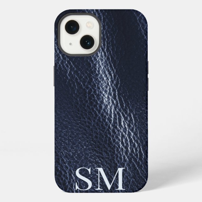 Elegant Minimal Blue Leather Monogram Initials iPhone Case (Back)