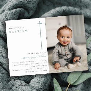 Elegant Minimal Blue Typography Photo Baptism Invitation