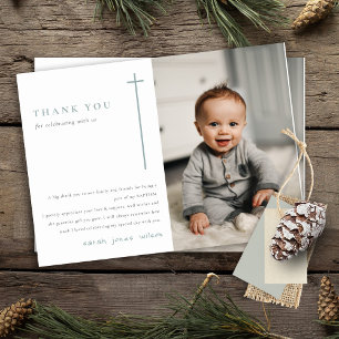 Elegant Minimal Blue Typography Photo Baptism Thank You Card