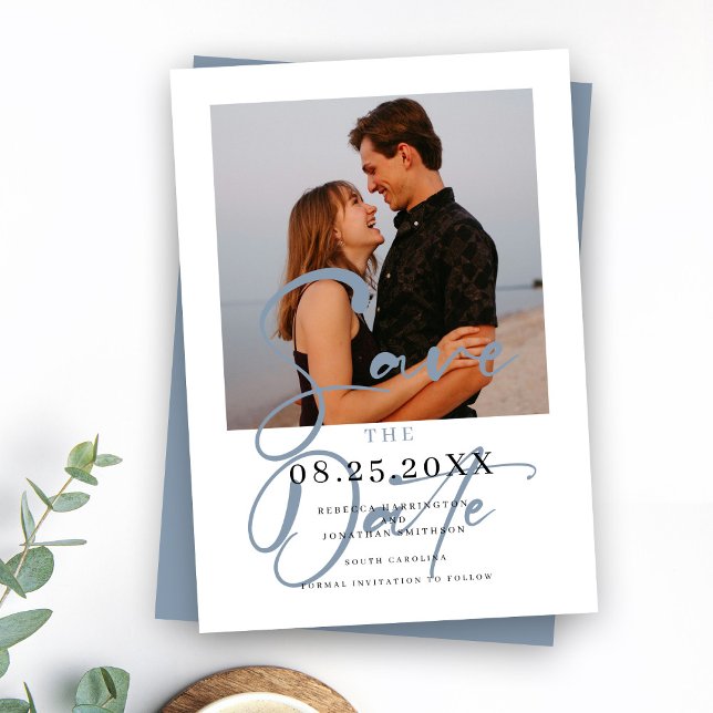 Elegant Minimal Blue Wedding Photo Save The Date (Creator Uploaded)