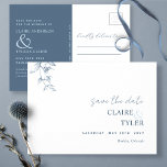 Elegant Minimal, Blue Wedding Save The Date Postcard<br><div class="desc">Announce your wedding date with this elegant wedding save-the-date postcard. Elegant and simple design with modern block and handwritten Script typography throughout. Blue and white design with delicate hand-drawn blue watercolor botanical detail. Back divided with an area in blue for your full wedding details and names, as well as an...</div>