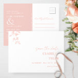 Elegant Minimal, Blush Pink Wedding Save The Date Postcard<br><div class="desc">Announce your wedding date with this elegant wedding save-the-date postcard. Elegant and simple design with modern block and handwritten Script typography throughout. Blush pink and white design with delicate hand-drawn watercolor botanical detail in blush pink, and peach hues. Back divided with an area in a blush pink for your full...</div>
