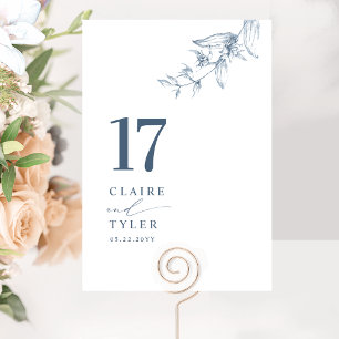 Elegant, Minimal Botanical Blue Wedding  Table Number