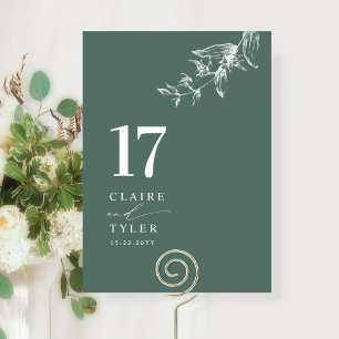 Elegant, Minimal Botanical Deep Green Wedding  Table Number